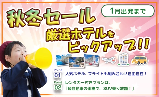 【11月~1月出発】今だけ特価☆秋冬セール開催中！厳選ホテルから1泊ずつ選べるフリープラン
